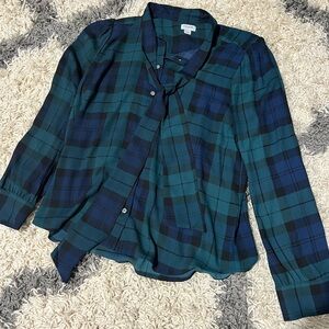 J.Crew Tie-Neck Plaid Button-Up Blouse — Green & Navy